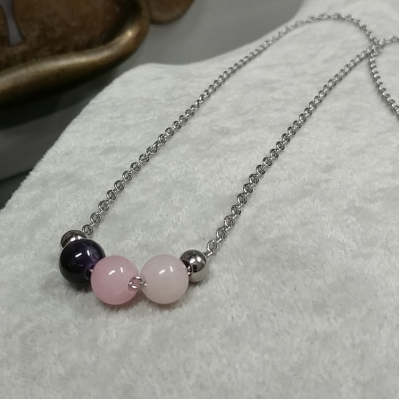 Rose Quartz Amethyst Three Bead Necklace Natural Gemstone Crystal StainlessSteel - Picture 10 of 14